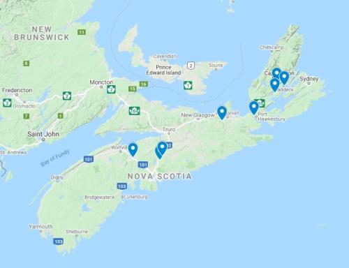 Map of Nova Scotia with Mastodon fossil sites indicated.