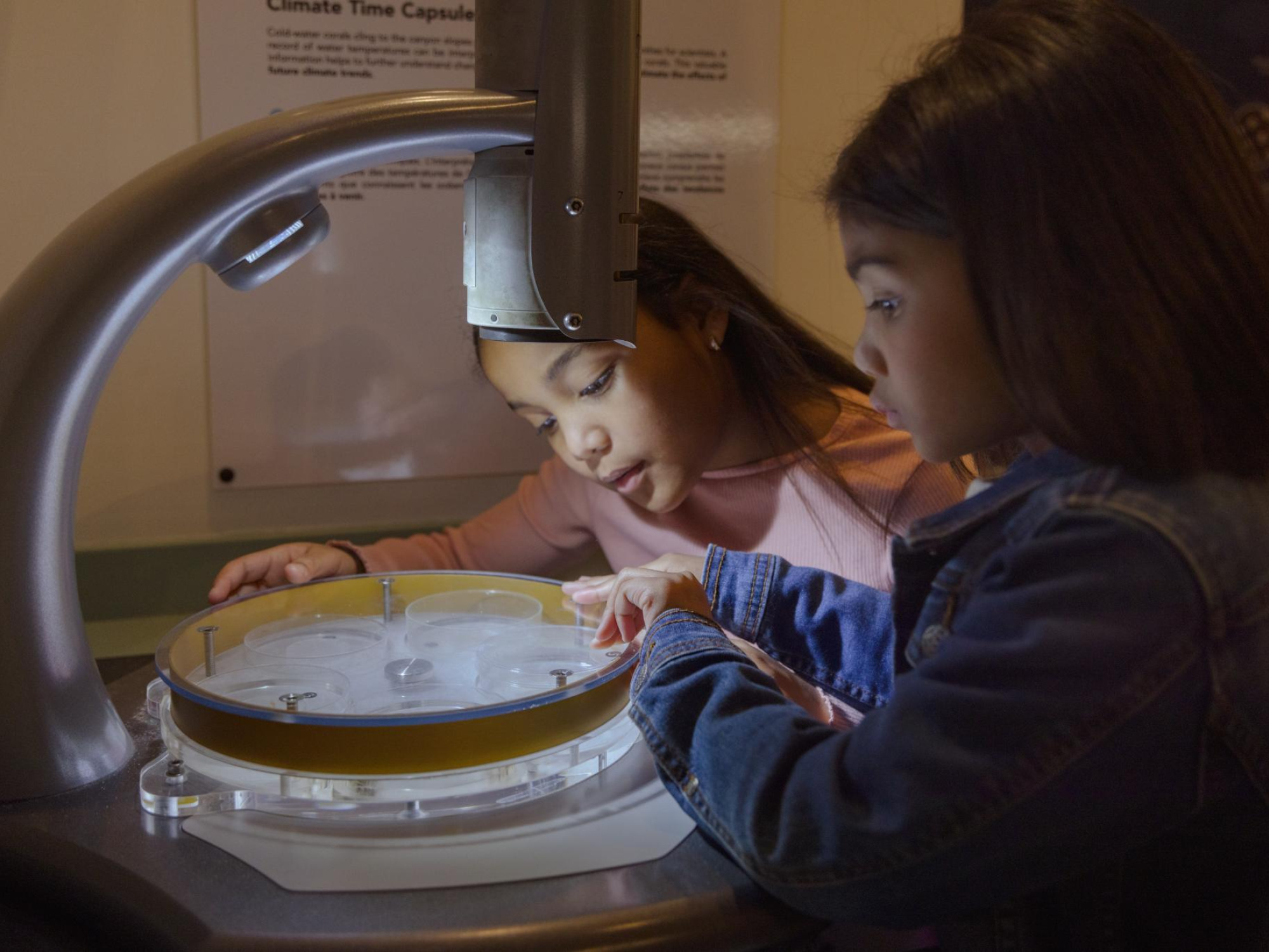 Two girls looking at a microscope.