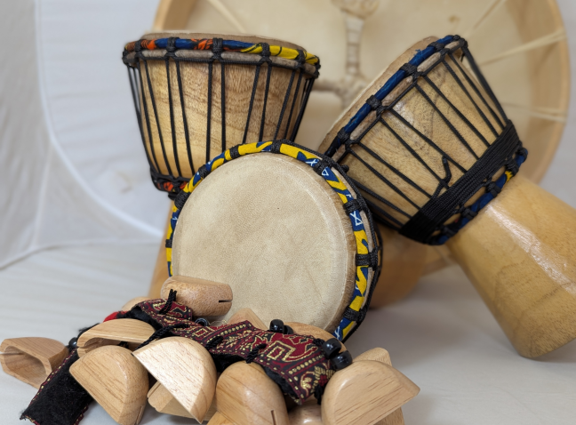 Drums and wooden instruments used for the Exploring Culture school program.