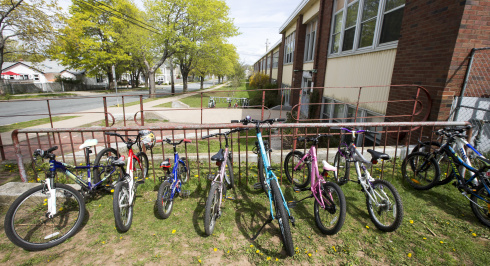 Bikes parked outside of St Catherine's elementary school in Halifax.